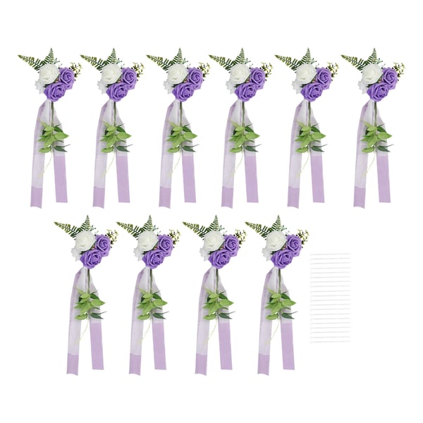 Bryllupsdekoration - Stoleblomster med bånd - 10‑pak - Nonwoven polyester - Til stole - Lavendel