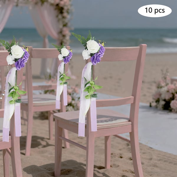 Bryllupsdekoration - Stoleblomster med bånd - 10‑pak - Nonwoven polyester - Til stole - Lavendel
