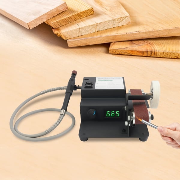 Mini bænkbåndsliber - Båndslibemaskine - 350 W Effekt - Dobbeltmotor - Netdrevet - 10 Slibebånd Inkl. - Til Knivslibning - Træ & Metal - Sort