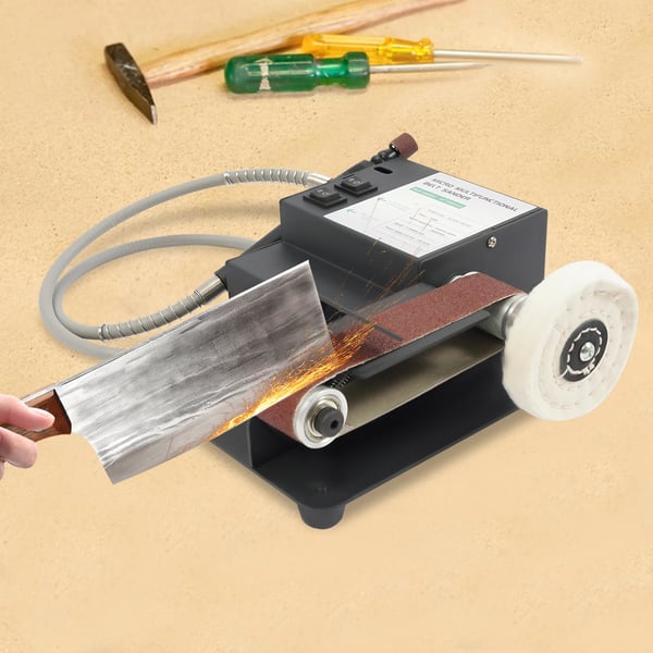 Mini bænkbåndsliber - Båndslibemaskine - 350 W Effekt - Dobbeltmotor - Netdrevet - 10 Slibebånd Inkl. - Til Knivslibning - Træ & Metal - Sort