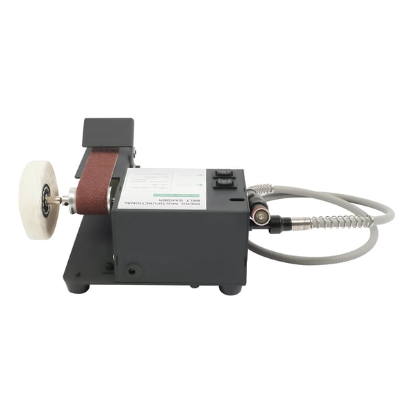 Mini bænkbåndsliber - Båndslibemaskine - 350 W Effekt - Dobbeltmotor - Netdrevet - 10 Slibebånd Inkl. - Til Knivslibning - Træ & Metal - Sort