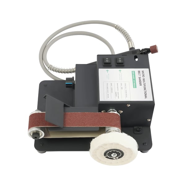 Mini bænkbåndsliber - Båndslibemaskine - 350 W Effekt - Dobbeltmotor - Netdrevet - 10 Slibebånd Inkl. - Til Knivslibning - Træ & Metal - Sort