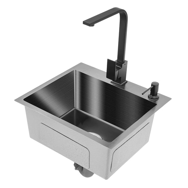 Køkkenvask i rustfrit stål - 40×45×20 cm - Enkelt bassin - Med armatur - Sæbedispenser 150 ml - Under-/plan-/bordmontering - Sort