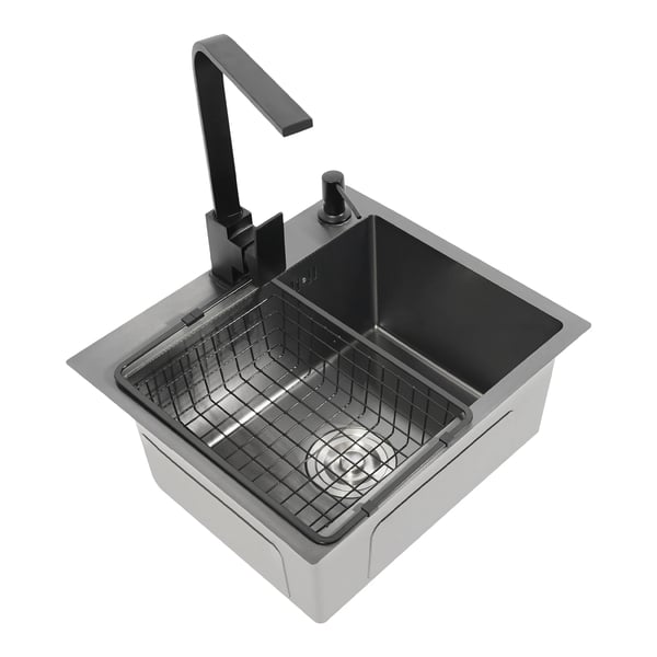 Køkkenvask i rustfrit stål - 40×45×20 cm - Enkelt bassin - Med armatur - Sæbedispenser 150 ml - Under-/plan-/bordmontering - Sort