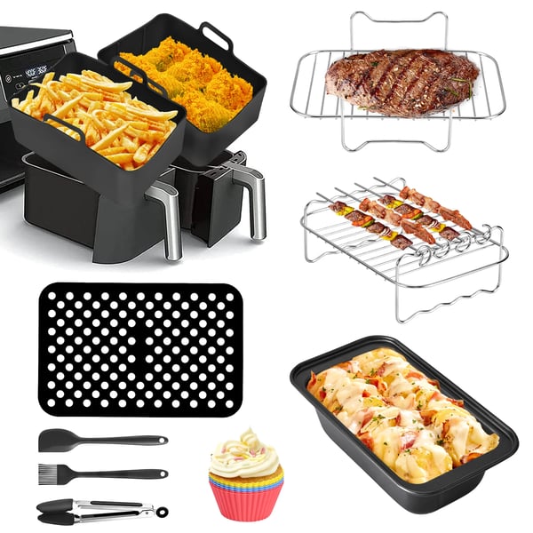 Airfryer/Luftfrituregryde tilbehørssæt - 6 Dele - Til Dobbeltkurv/Double Pan - Kageform - Pizzapande - BBQ Grillrist - Sort