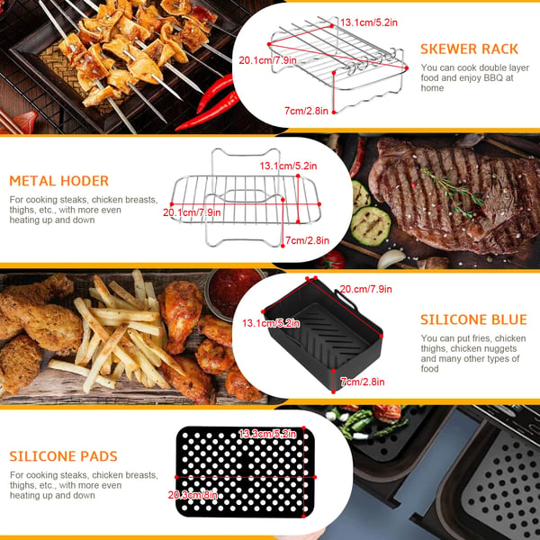 Airfryer/Luftfrituregryde tilbehørssæt - 6 Dele - Til Dobbeltkurv/Double Pan - Kageform - Pizzapande - BBQ Grillrist - Sort