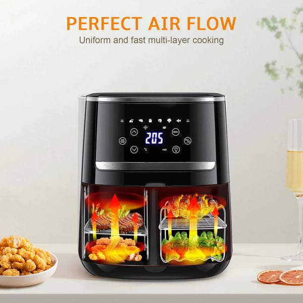 Airfryer/Luftfrituregryde tilbehørssæt - 6 Dele - Til Dobbeltkurv/Double Pan - Kageform - Pizzapande - BBQ Grillrist - Sort