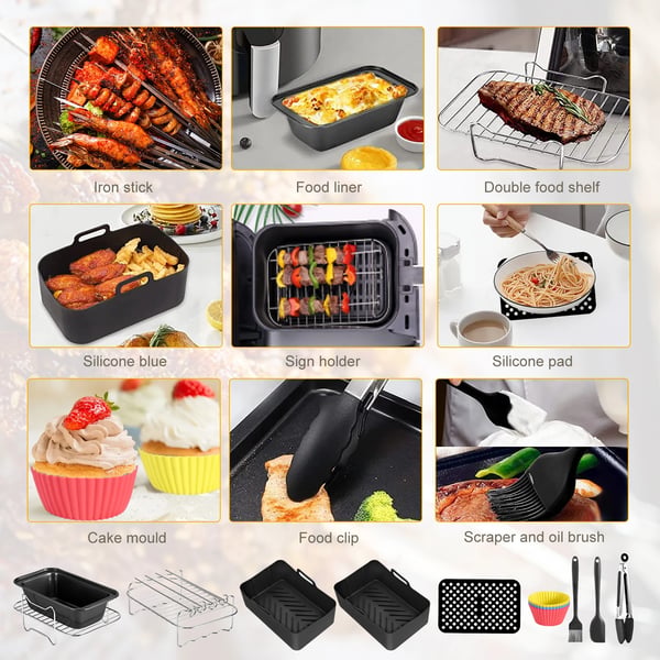 Airfryer/Luftfrituregryde tilbehørssæt - 6 Dele - Til Dobbeltkurv/Double Pan - Kageform - Pizzapande - BBQ Grillrist - Sort