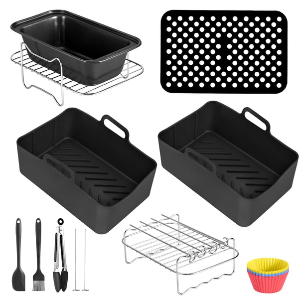 Airfryer/Luftfrituregryde tilbehørssæt - 6 Dele - Til Dobbeltkurv/Double Pan - Kageform - Pizzapande - BBQ Grillrist - Sort