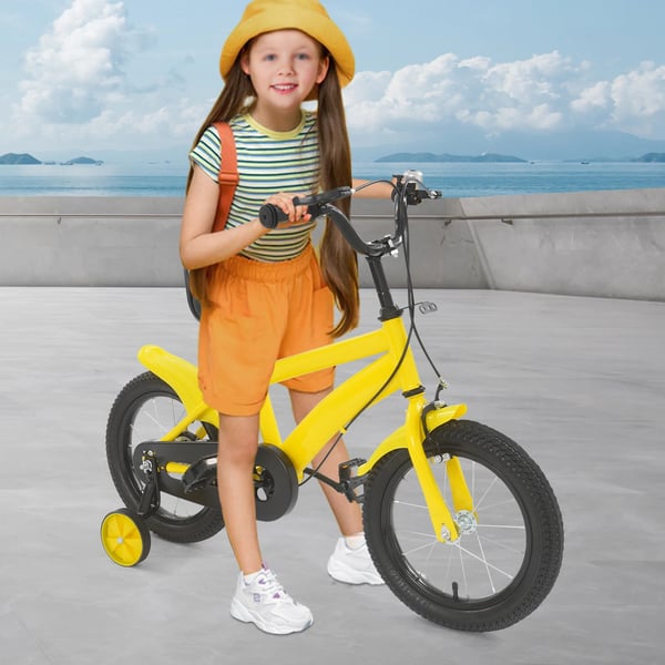 Børnecykel - Cykel til Børn - 35 cm Hjul - Med Støttehjul - Justerbar Sadel - Dobbelte Bremser - Ramme i Kulstofstål - Stålforgaffel & Fælge - Gul