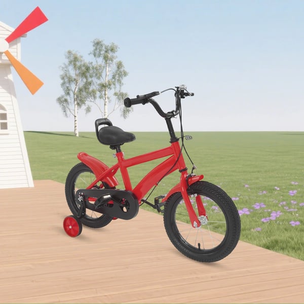 Børnecykel - Med Støttehjul - 35 cm Hjul - Dobbelt Bremsesystem - Kulstofstålramme - Stålgaffel og Fælge - Rød