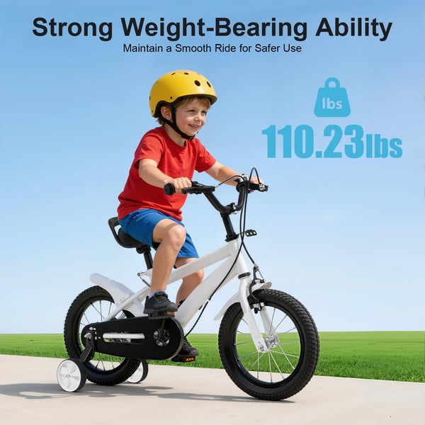 Børnecykel - Hjul 35 cm - Med støttehjul - Dobbelt bremse - Ramme i kulstofstål - Hvid