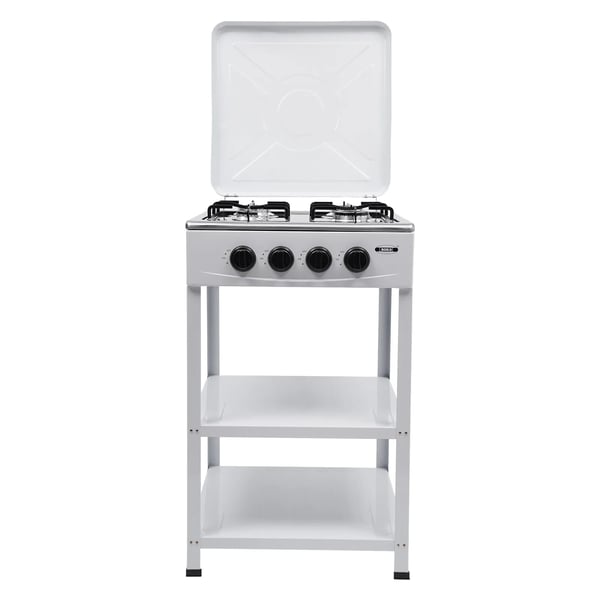 Bærbar gasblus - 4-brænder fritstående - Naturgas (LNG) - Manuel tænding - 2‑niveau hylde - 49×49×79 cm - Hvid