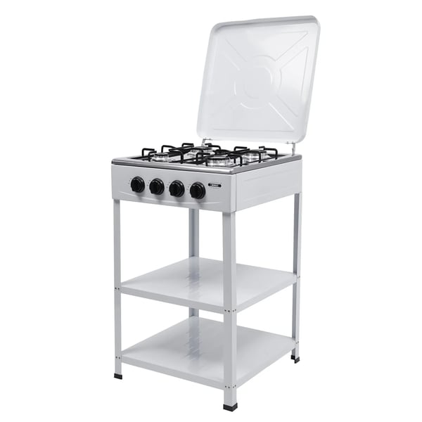 Bærbar gasblus - 4-brænder fritstående - Naturgas (LNG) - Manuel tænding - 2‑niveau hylde - 49×49×79 cm - Hvid
