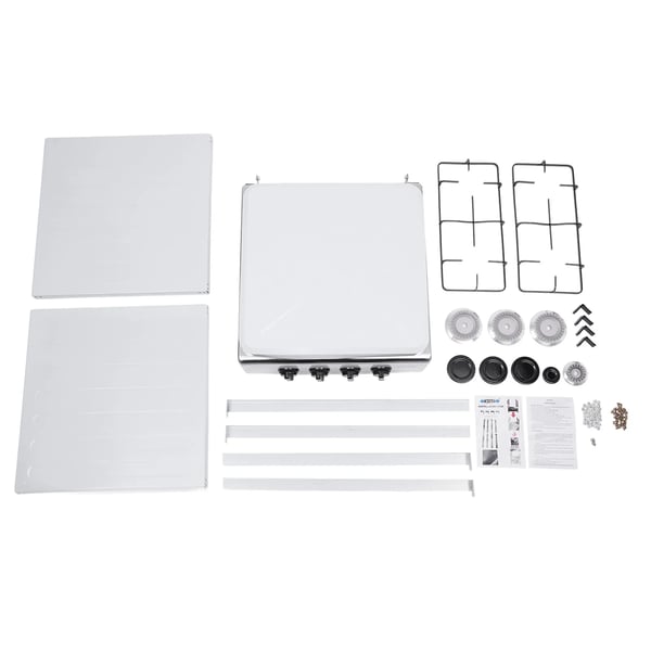 Bærbar gasblus - 4-brænder fritstående - Naturgas (LNG) - Manuel tænding - 2‑niveau hylde - 49×49×79 cm - Hvid