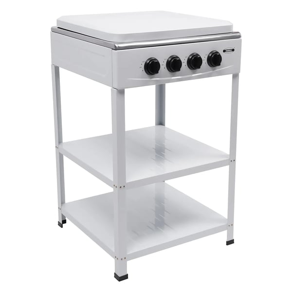 Bærbar gasblus - 4-brænder fritstående - Naturgas (LNG) - Manuel tænding - 2‑niveau hylde - 49×49×79 cm - Hvid