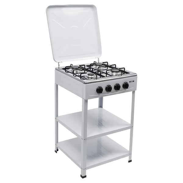 Bærbar gasblus - 4-brænder fritstående - Naturgas (LNG) - Manuel tænding - 2‑niveau hylde - 49×49×79 cm - Hvid