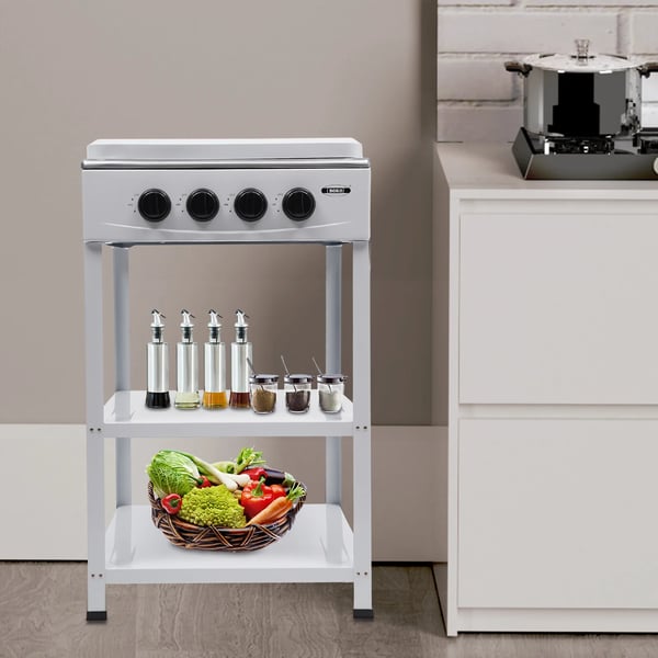 Bærbar gasblus - 4-brænder fritstående - Naturgas (LNG) - Manuel tænding - 2‑niveau hylde - 49×49×79 cm - Hvid