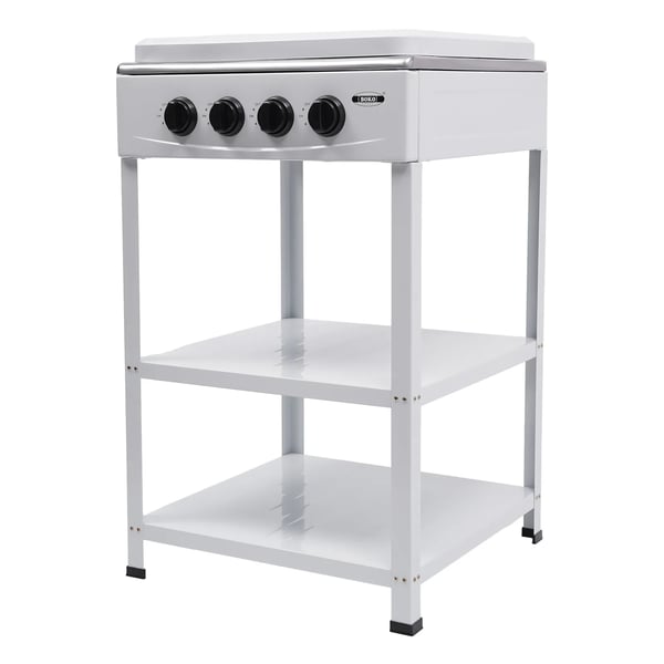 Bærbar gasblus - 4-brænder fritstående - Naturgas (LNG) - Manuel tænding - 2‑niveau hylde - 49×49×79 cm - Hvid
