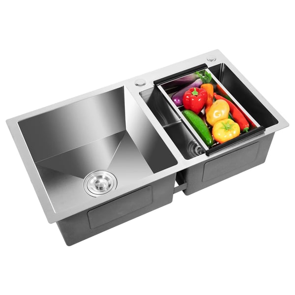 Køkkenvask - Dobbeltkumme - 201 rustfrit stål - Top- eller undermontering - 780x430x210 mm - 2,5 mm tykkelse - 2 huller - Uden armatur - Sølv