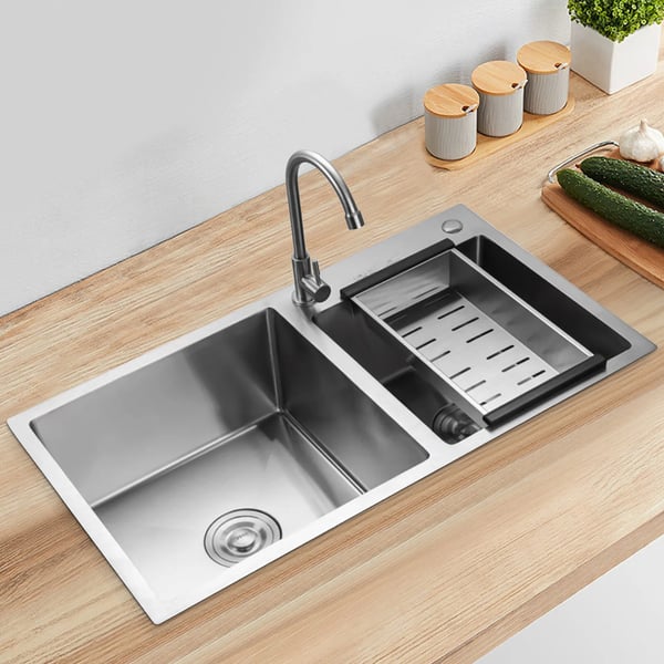 Køkkenvask - Dobbeltkumme - 201 rustfrit stål - Top- eller undermontering - 780x430x210 mm - 2,5 mm tykkelse - 2 huller - Uden armatur - Sølv
