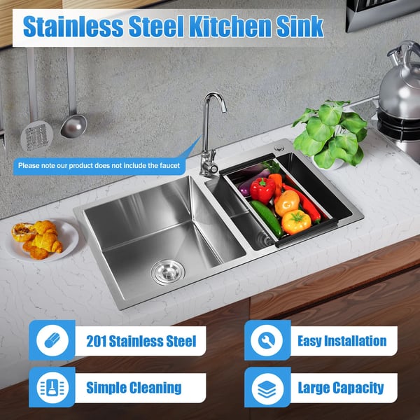 Køkkenvask - Dobbeltkumme - 201 rustfrit stål - Top- eller undermontering - 780x430x210 mm - 2,5 mm tykkelse - 2 huller - Uden armatur - Sølv
