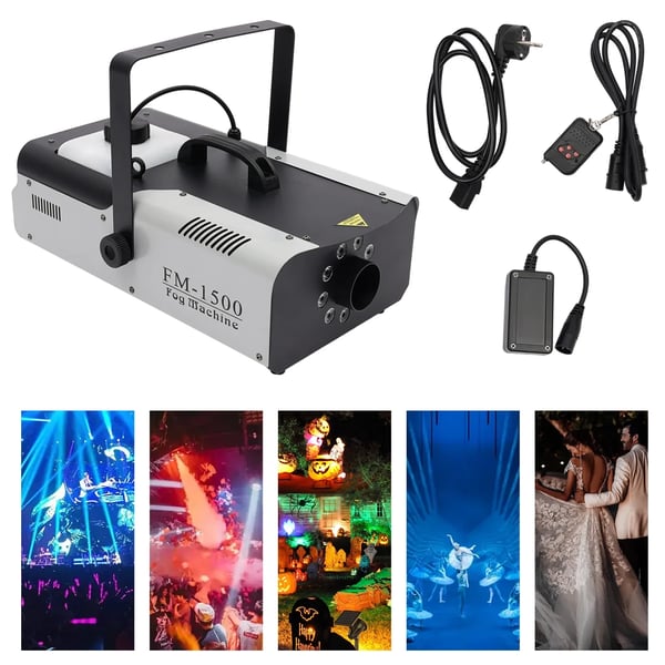 Røgmaskine - 3-i-1 RGB LED - 1500 W - Trådløs fjernbetjening - DMX - 220 V EU-stik - Sort