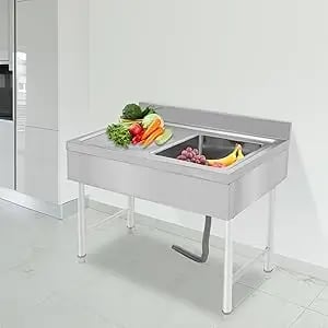Kommerciel Rustfri Stålvask - Fritstående Enkeltkummevask - Højre Kumme - Underhylde - Uden Armatur - Samleselv - Sølv