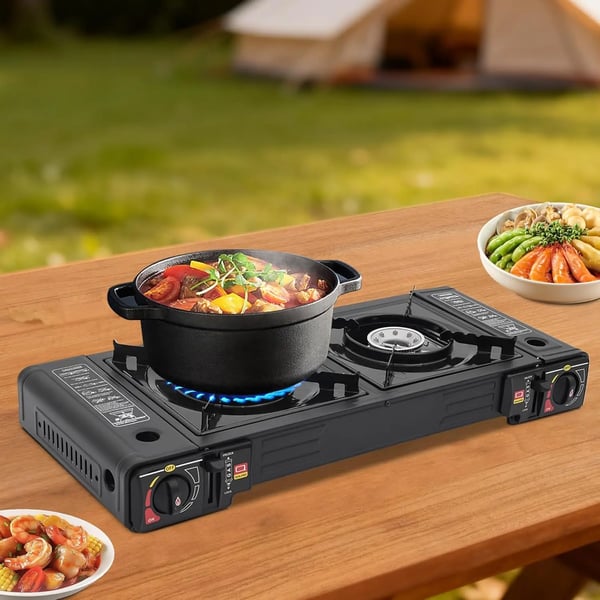 Camping gasblus - Dobbeltbrænder - Bærbar - Indbygget tænding - Jern - Bordgrill med grillrist - Sort