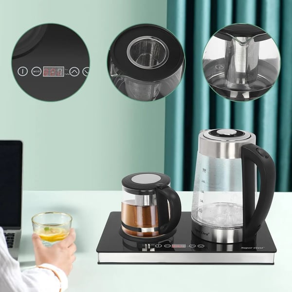 Tebrygger - Elkedel - 1800 W - 3,0 l - Temperaturindstilling - Glas - LCD-display - Touch og knapper - Sort