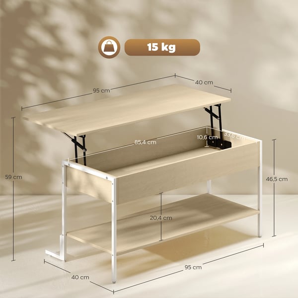 Soffbord - Vardagsrumsbord - Lyftbar Skiva - Mjukstängning - Dolt Förvaringsutrymme - Öppen Hylla - 95x40x59 cm - Vit