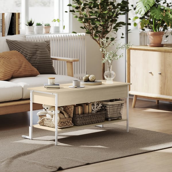Soffbord - Vardagsrumsbord - Lyftbar Skiva - Mjukstängning - Dolt Förvaringsutrymme - Öppen Hylla - 95x40x59 cm - Vit