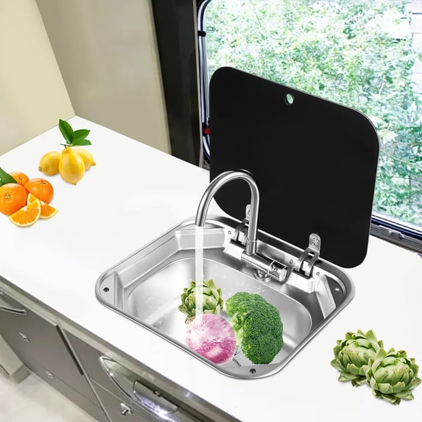 Autocamper/Campingvogn Håndvask-sæt - Indbygning - Hærdet Glas & 304 Rustfrit Stål - Foldbar blandingsbatteri, varm/kold - 41×36,5×16 cm - Sort