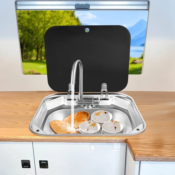 Autocamper/Campingvogn Håndvask-sæt - Indbygning - Hærdet Glas & 304 Rustfrit Stål - Foldbar blandingsbatteri, varm/kold - 41×36,5×16 cm - Sort