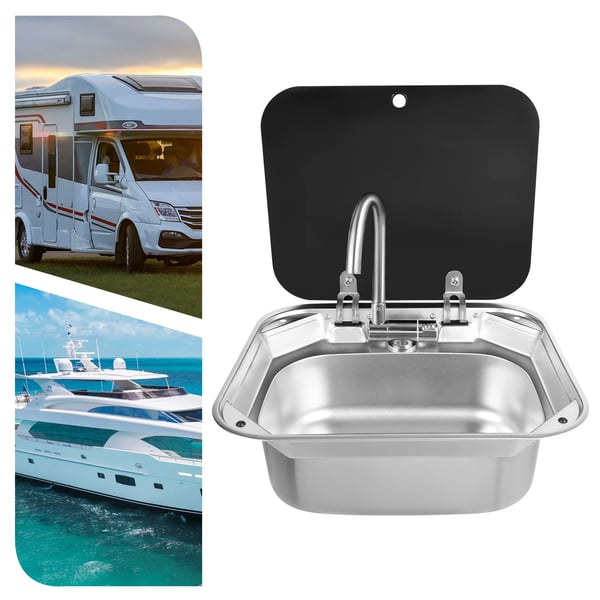 Autocamper/Campingvogn Håndvask-sæt - Indbygning - Hærdet Glas & 304 Rustfrit Stål - Foldbar blandingsbatteri, varm/kold - 41×36,5×16 cm - Sort