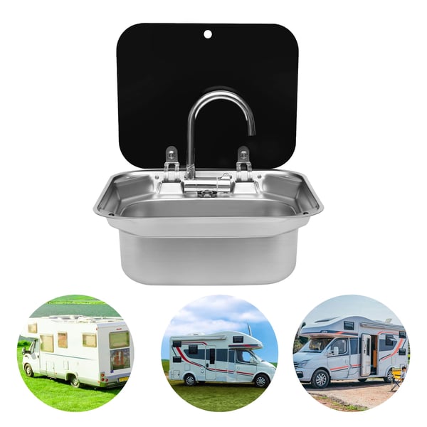 Autocamper/Campingvogn Håndvask-sæt - Indbygning - Hærdet Glas & 304 Rustfrit Stål - Foldbar blandingsbatteri, varm/kold - 41×36,5×16 cm - Sort