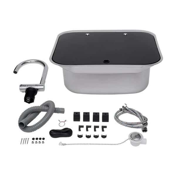 Autocamper/Campingvogn Håndvask-sæt - Indbygning - Hærdet Glas & 304 Rustfrit Stål - Foldbar blandingsbatteri, varm/kold - 41×36,5×16 cm - Sort