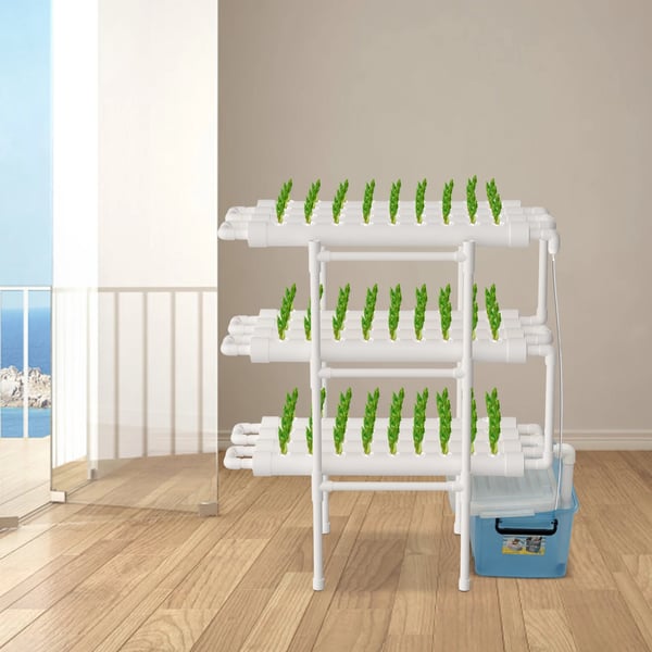 Hydroponisk dyrkningssæt - Hydroponisk system - 108 plantehuller - 3 lag - Indbygget timer - PVC-U - Nem montering - Hvid
