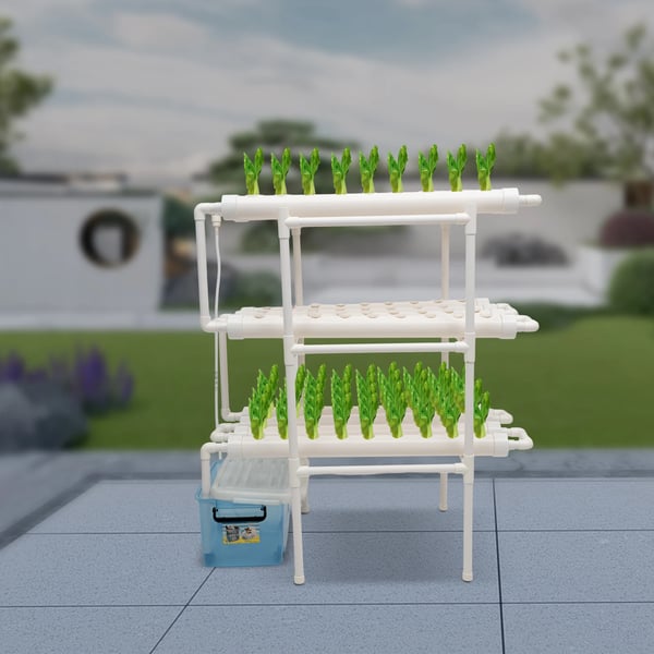 Hydroponisk dyrkningssæt - Hydroponisk system - 108 plantehuller - 3 lag - Indbygget timer - PVC-U - Nem montering - Hvid