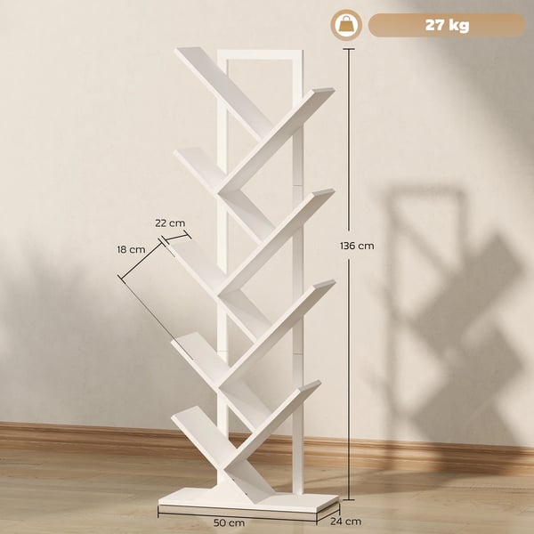 Trädformad bokhylla - Förvaringshylla - 9 hyllor - Trä - 50x24x136 cm - Fristående för böcker/CD/DVD - Vit