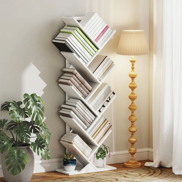 Trädformad bokhylla - Förvaringshylla - 9 hyllor - Trä - 50x24x136 cm - Fristående för böcker/CD/DVD - Vit