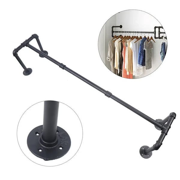 Tøjstang - Vægmonteret tøjstativ - 115 cm - Industrielt rør - Metal/jern - Bæreevne 35–40 kg - Sort