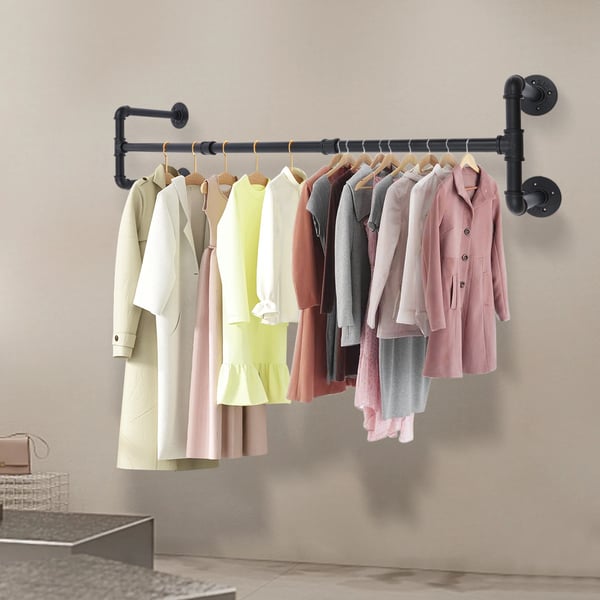 Tøjstang - Vægmonteret tøjstativ - 115 cm - Industrielt rør - Metal/jern - Bæreevne 35–40 kg - Sort