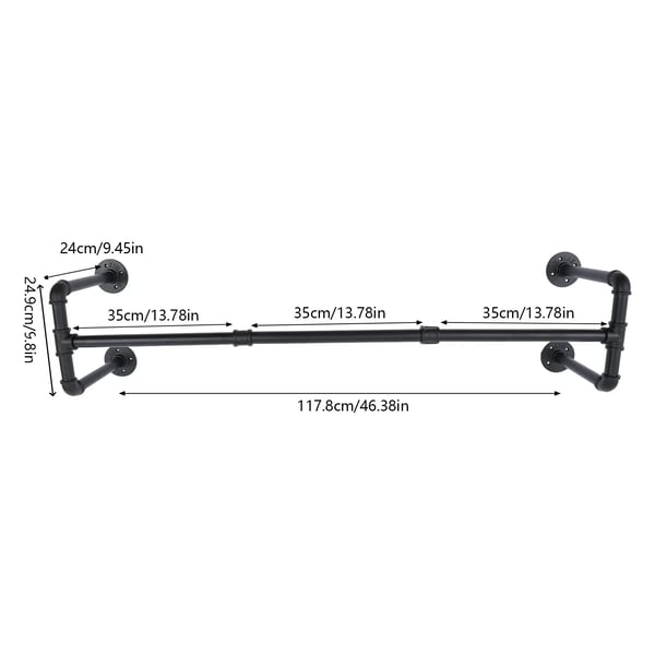 Tøjstang - Vægmonteret tøjstativ - 115 cm - Industrielt rør - Metal/jern - Bæreevne 35–40 kg - Sort