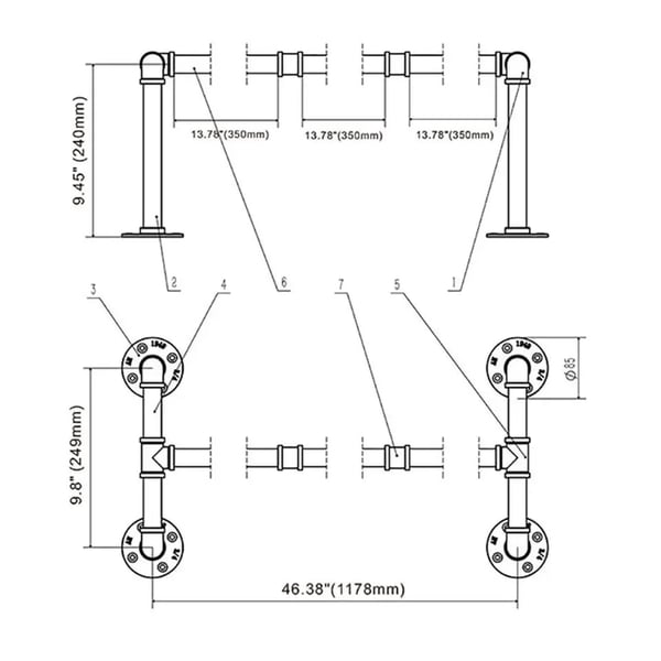 Tøjstang - Vægmonteret tøjstativ - 115 cm - Industrielt rør - Metal/jern - Bæreevne 35–40 kg - Sort