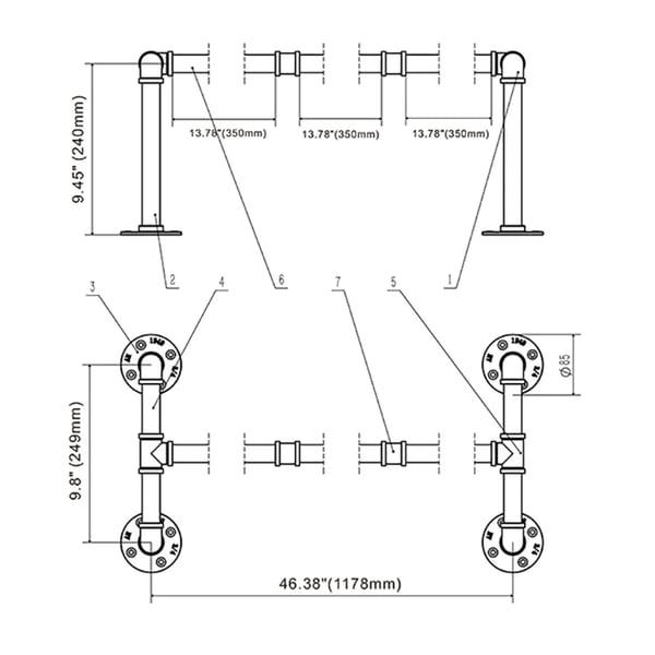 Tøjstang - Vægmonteret tøjstativ - 115 cm - Industrielt rør - Metal/jern - Bæreevne 35–40 kg - Sort