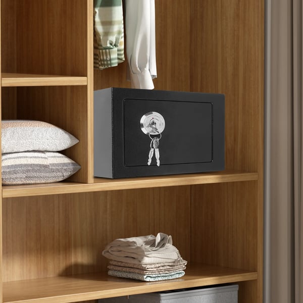 Sikkerhedsboks - Vægmonteret pengeskab - Stål - Nøglelås med 3 nøgler - Tyverisikring - Til hjem, kontor, hotel - Sort