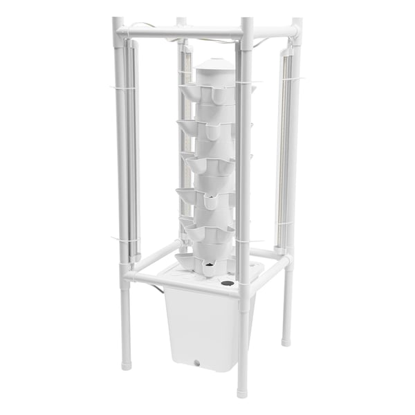 Hydroponisk Vertikalt Plantetårn - Dyrkningssæt - 6 Niveauer - 30 Huller - Med Vandstandsmåler - 39×39×97 cm - Hvid