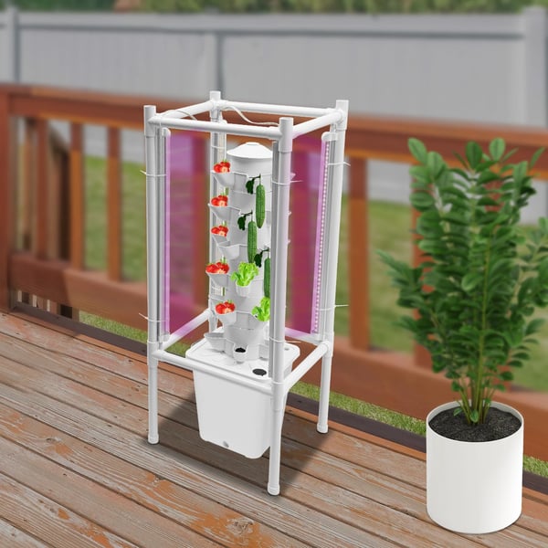 Hydroponisk Vertikalt Plantetårn - Dyrkningssæt - 6 Niveauer - 30 Huller - Med Vandstandsmåler - 39×39×97 cm - Hvid