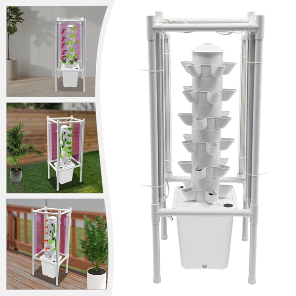 Hydroponisk Vertikalt Plantetårn - Dyrkningssæt - 6 Niveauer - 30 Huller - Med Vandstandsmåler - 39×39×97 cm - Hvid